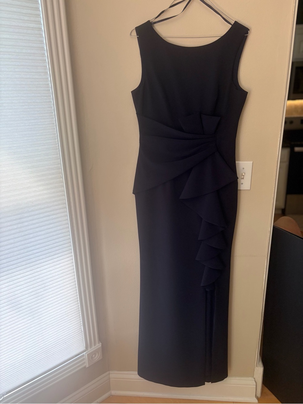 Eliza J Navy Cascading Ruffle Front Gown Womens 6 Sleeveless Formal Maxi Slit